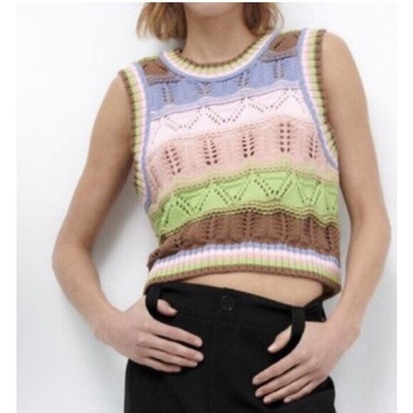 Zara Multicolor Crochet Knit Cropped Sleeveless Sweater Vest Top Size Medium - Picture 1 of 7